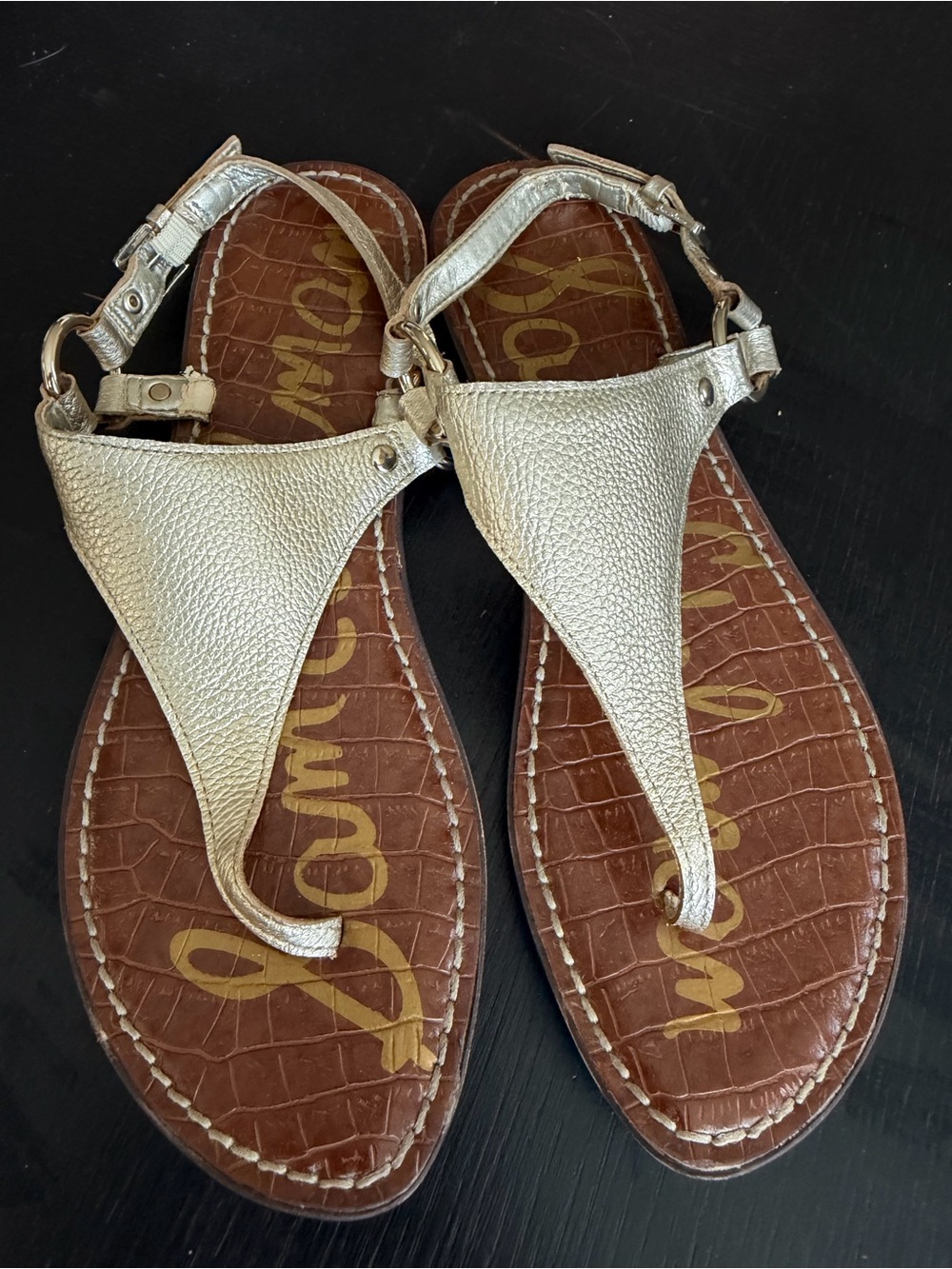 Sam Edelman Metallic Silver Leather T-Strap Sandals